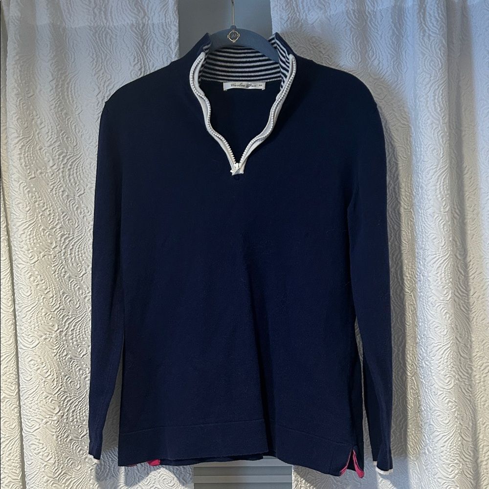 Caroline Grace Quarter Zip Cashmere Cotton Blend Navy Sweater